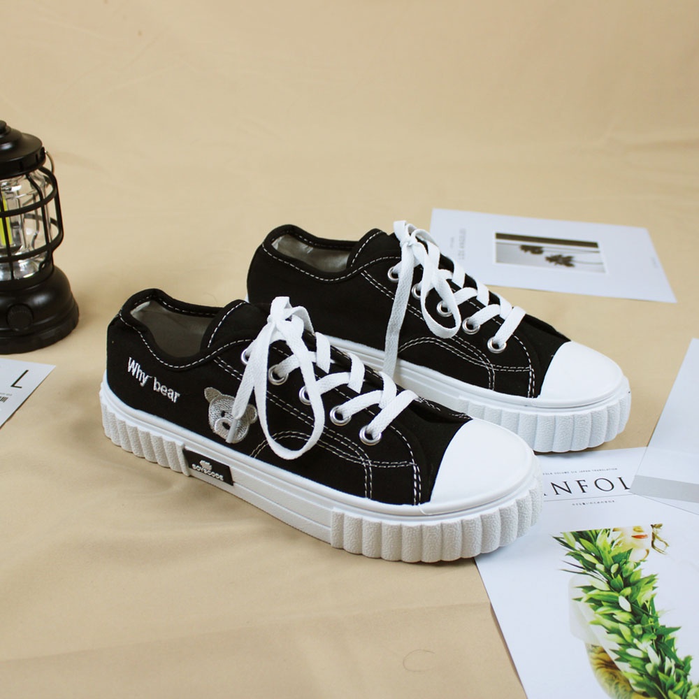 Sepatu Sneakers Korean Style Boyscode Why Bear Pendek Hitam Abu / Sepatu Korea Kanvas Beruang Black Grey