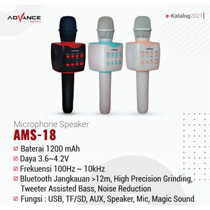 Mic Bluetooth Advance Ams-18 Noise Reduction/Microphone Speaker Tweeter Assisted Bass/Micropon Karaoke Wireless Bluetooth