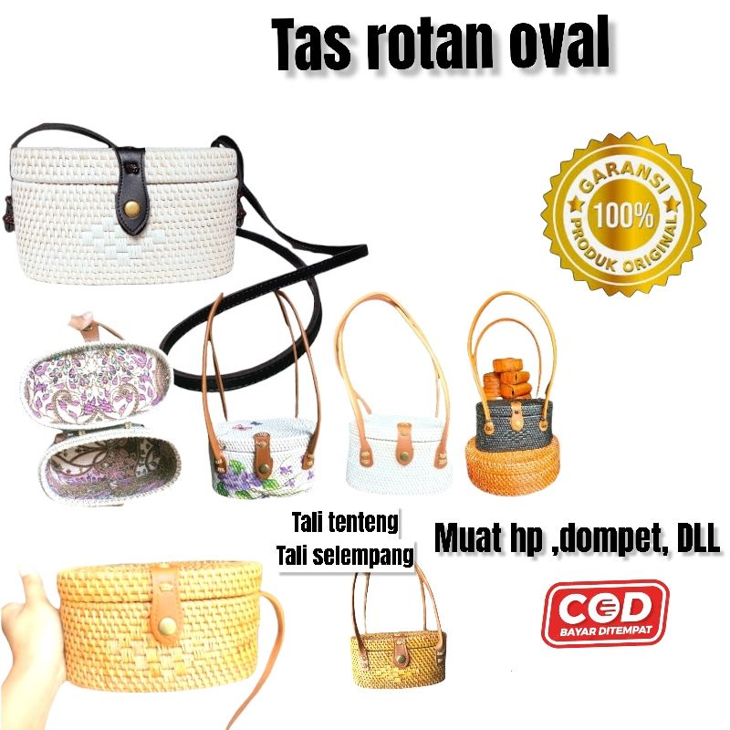 Tas rotan Bali oval coklat putih silver tali tenteng / Tote bag  dan slempang terbaru dan termurah