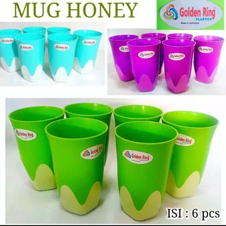 Mug Honey Golden Ring Gelas Plastik / Cangkir / Tempat Minum / Gelas Harian Bahan Plastik 6 pcs