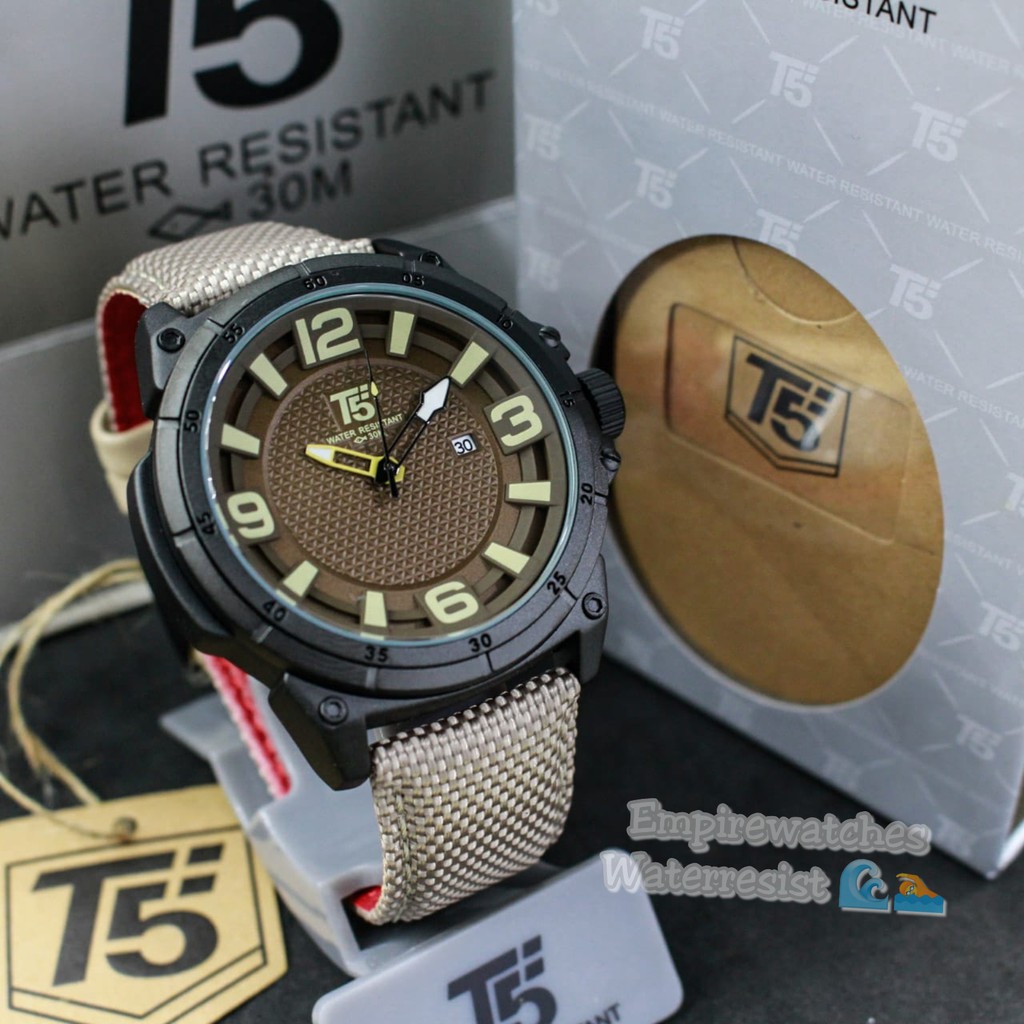 Jam Tangan T5 H3568 H3568G 3568 Pria Cowok Analog Chrono dan Tanggal Aktif Strap Fabric Leather Orig