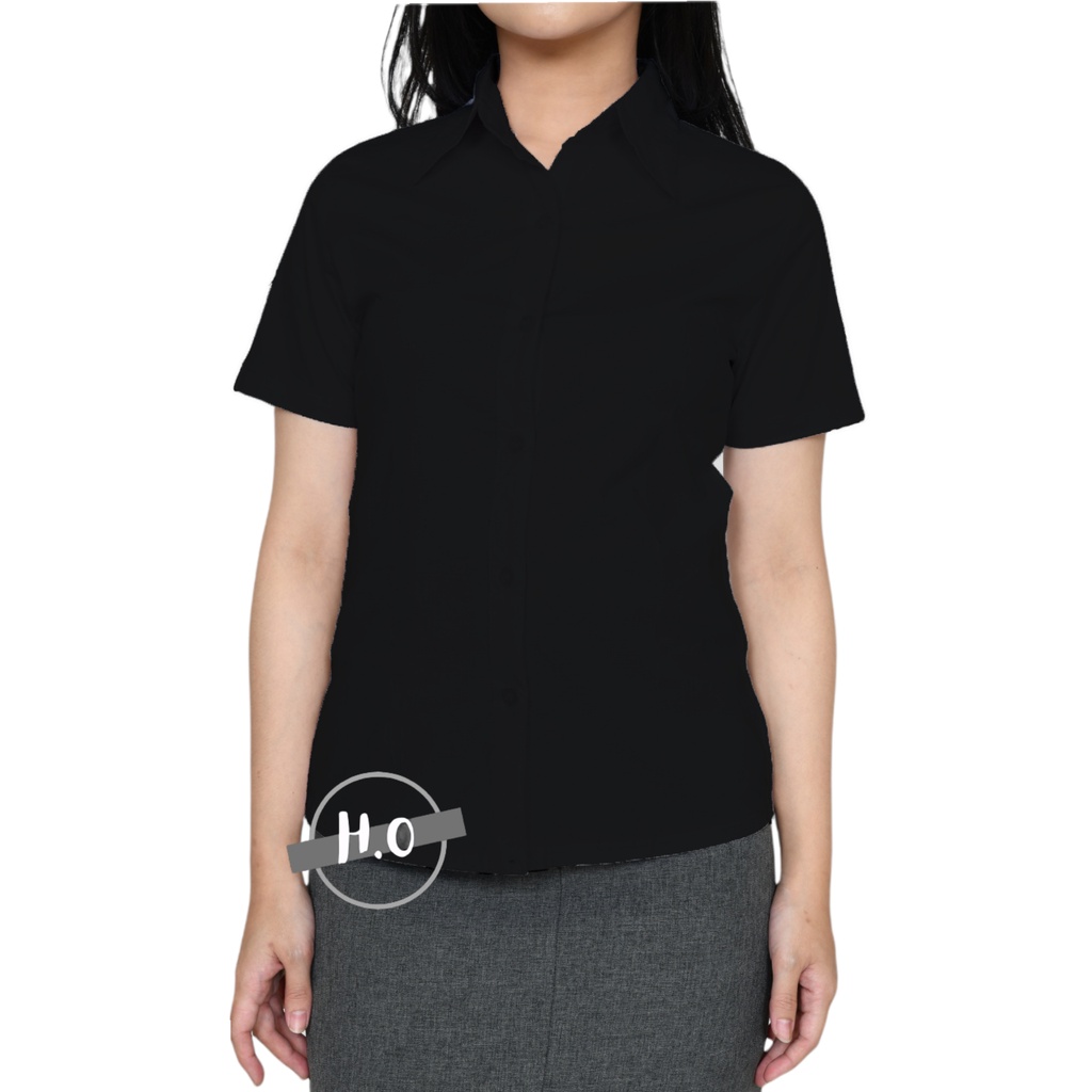 Baju Kemeja Wanita Lengan Panjang Pendek Bahan Katun Strech Size Standar Dan Jumbo Atasan Baju Kemeja Blouse Putih Hitam Polos Kerja Kantor formal Wanita Lengan Panjang Pendek 02-2