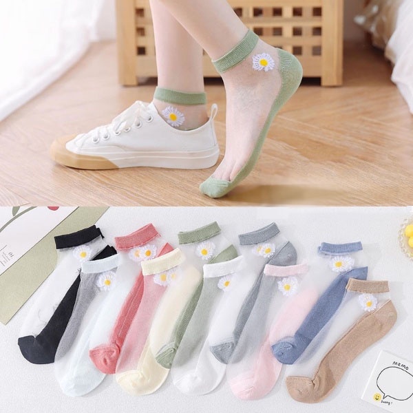 Kaos Kaki Pendek Wanita Transparan Motif Bunga Daisy / Kaos Kaki Ankle Cute Semata Kaki Korean Import / TS-35