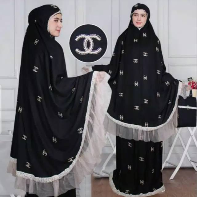 Mukena hitam Motif Chanel bordir Lidya adem