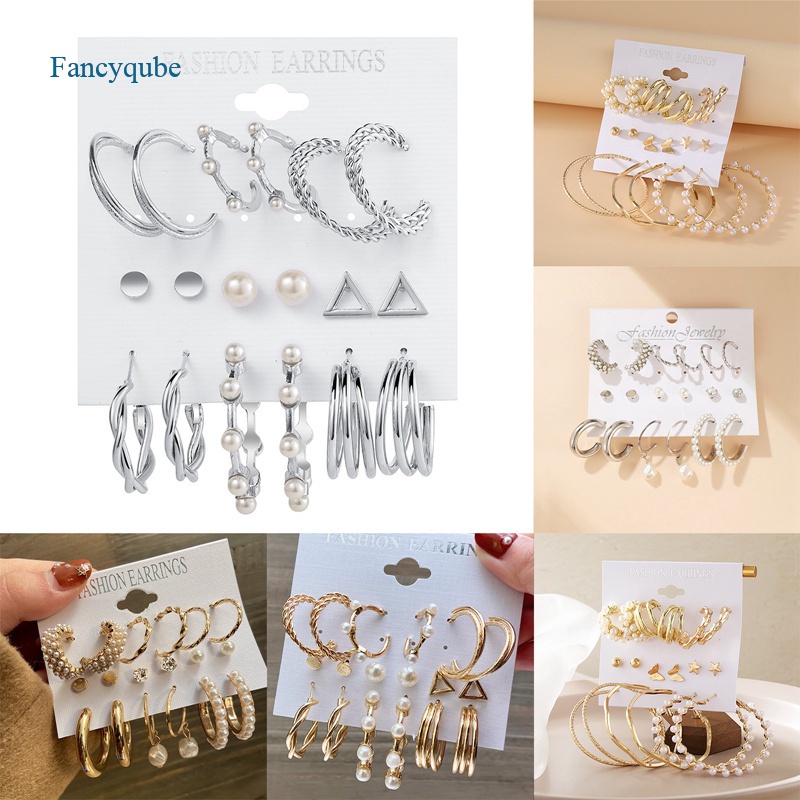 Fancyqube Fancycube 9 Pasang / Set Anting Mutiara Elegan Warna Emas