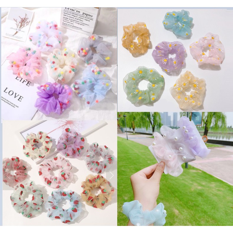 Gelang Ikat Rambut Usus 02 Cincin Gaya Korea Fashion Mutiara Beads Daisy Stawberry Aksesoris Cewek