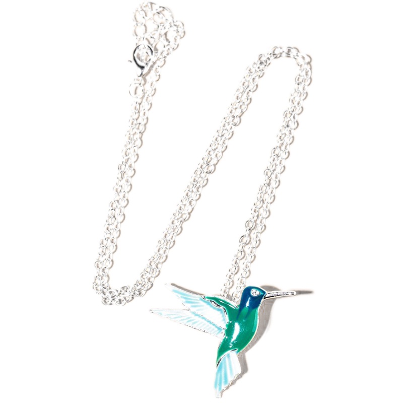 Kalung Rantai Dengan Liontin Burung Kolibri Warna Biru Untuk Wanita