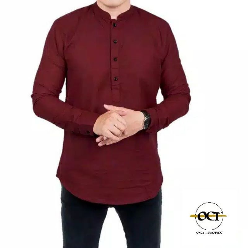 Baju Koko Kurta Polos Pria Dewasa Lengan Panjang Material Katun TOYOBO RM Size M L XL Varian Maroon-Maron