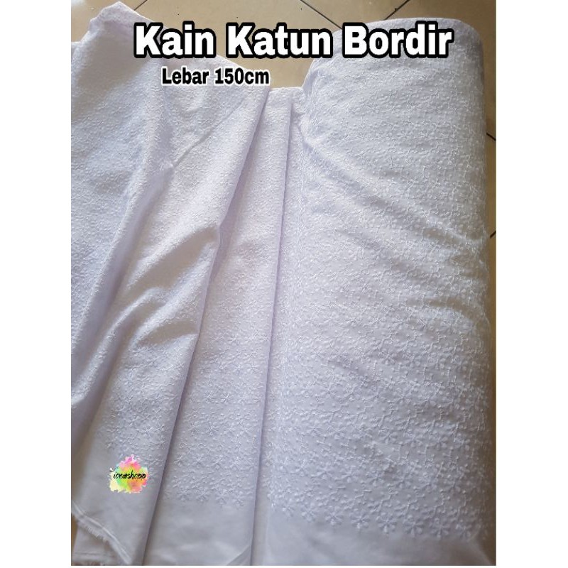 Kain katun bordir warna putih lebar 150 bahan kaftan gamis dll