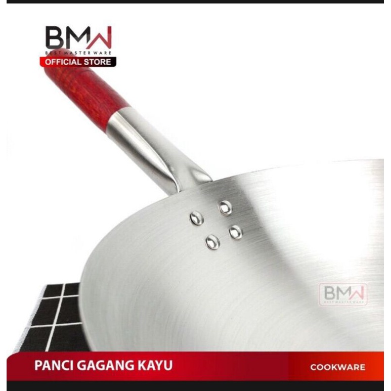 Wajan BMW Gagang Kayu Stainless Tahan Panas Panci Penggorengan Tebal Anti Lengket Kuali 34cm / wajan nasgor / wajan oseng oseng doubel tangkai