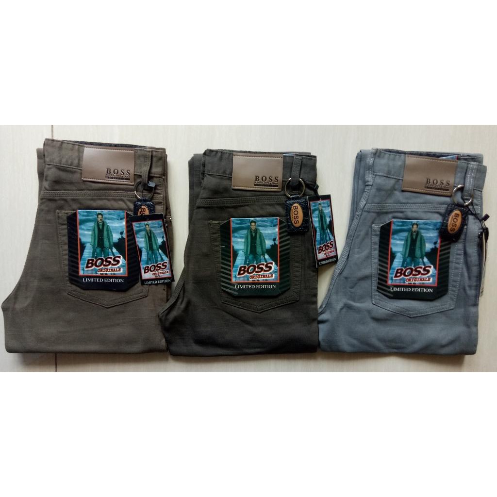 CELANA PANJANG JEANS BAHAN KATUN MOTIF SALUR WARNA ARMY MERK BOSS ORIGINALE (HOT ITEMS)