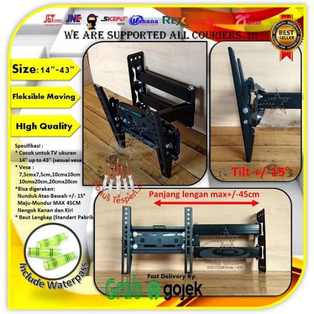 Bracket tv Swifle/Lengan 14&quot; s/d 43&quot; universal 6 arah fleksible moving AEI,SWB-001