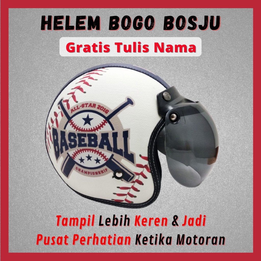 HELM BOGO RETRO KULIT WANITA DEWASA KACA DATAR CLASSIC MOTIF BOLA BISBOL WHITE BLUE - HELEM BOGO BOS