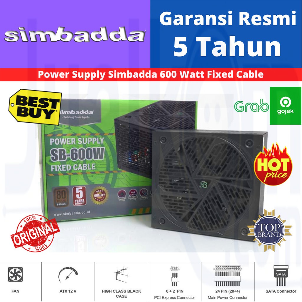 Simbadda Power Supply Gaming 600 Watt Fix Cable PSU 600W FC