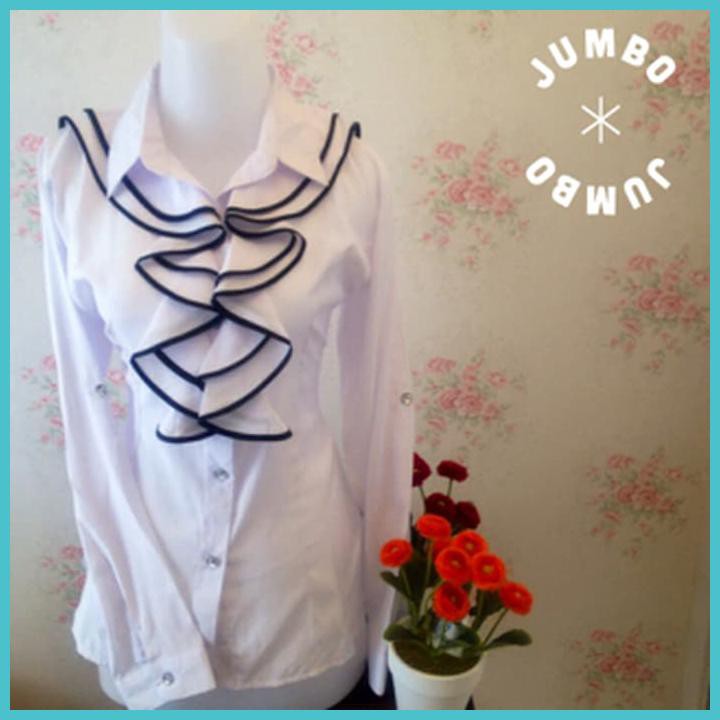 KEMEJA BLUS PUTIH WANITA RENDA HITAM JUMBO
