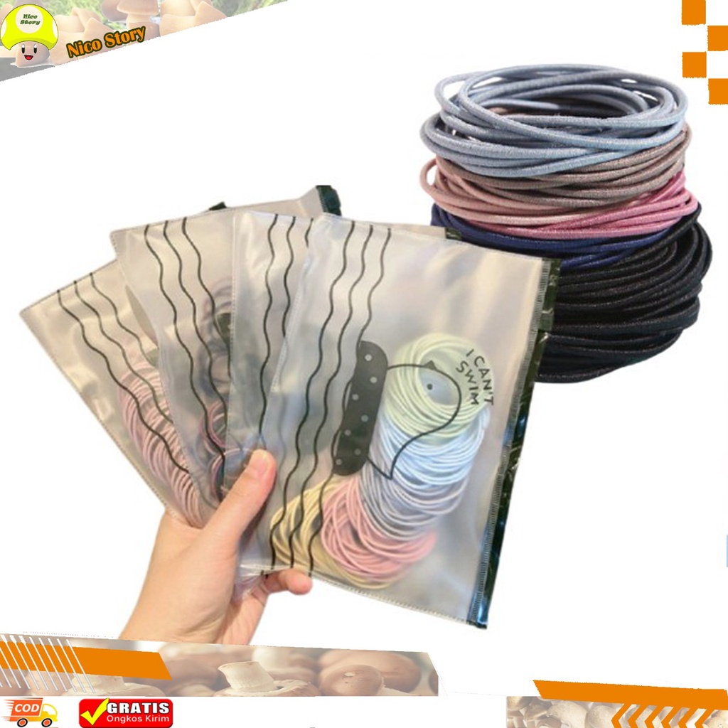 (NCS) Karet Rambut KOREA POUCH 100 Pcs Ikat Rambut Polos Gel Elastis Gaya Wanita
