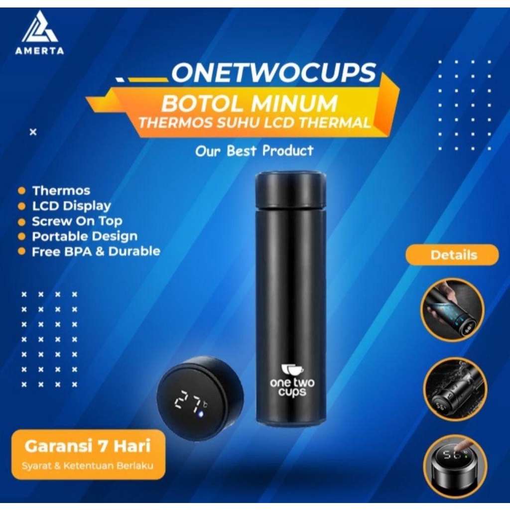 Botol Minum Thermos Suhu LCD Thermal Smart Mug Stainless Steel 500ml OneTwoCups  Black