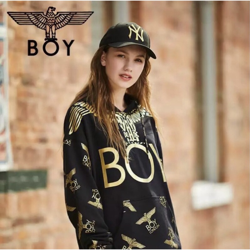 BOY29 SWEATER HOODIE BOY LONDON IMPORT GOLD ON BLACK PRIA WANITA BIG OVER SIZE