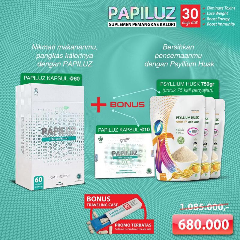Papiluz Kapsul Promo (60Kapsul + 10Kapsul + Psyllium Husk Gold Mix 750Gram)