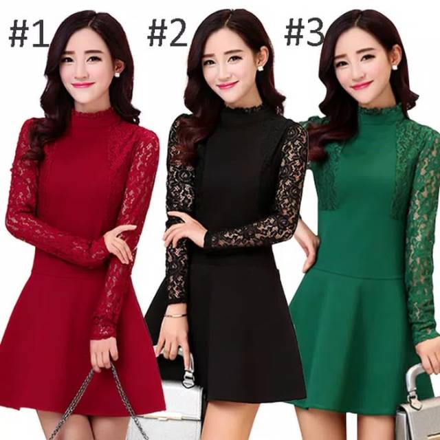LACE DRESS PESTA WANITA KOREA LENGAN PANJANG