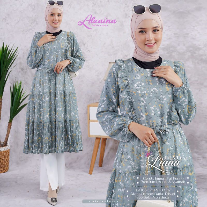 LIANA TUNIK TOP ATASAN BLOUSE TUNIK MUSLIMAH CASUAL MOTIF BUNGA CERUTY IMPORT FULL FURING LD 106 CM 