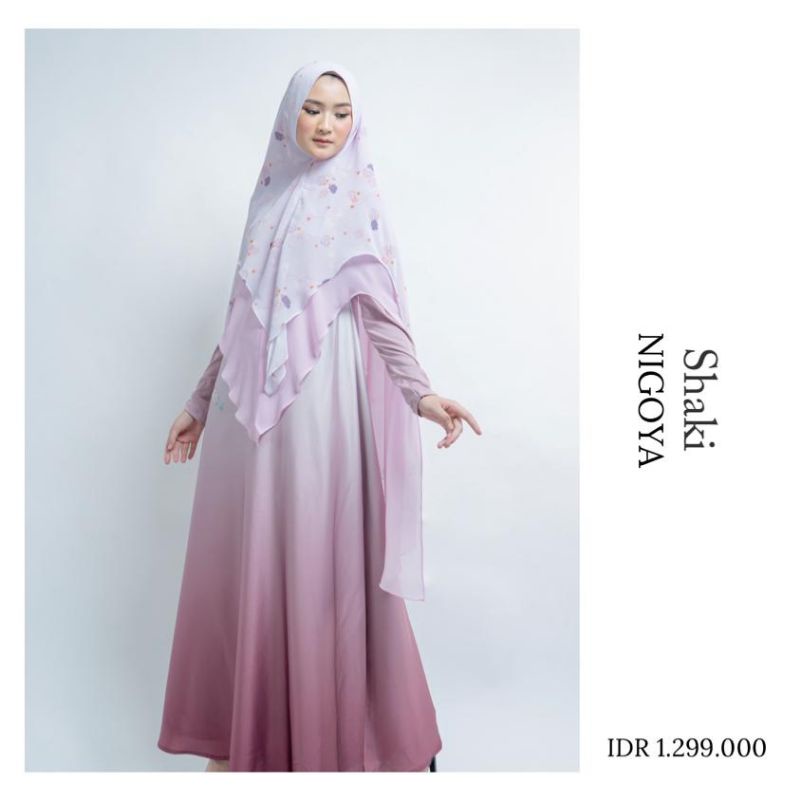Nigoya Syari Shaki Set Purple Gradasi - Gamis Pesta Mewah Haji Umroh Silk Printing