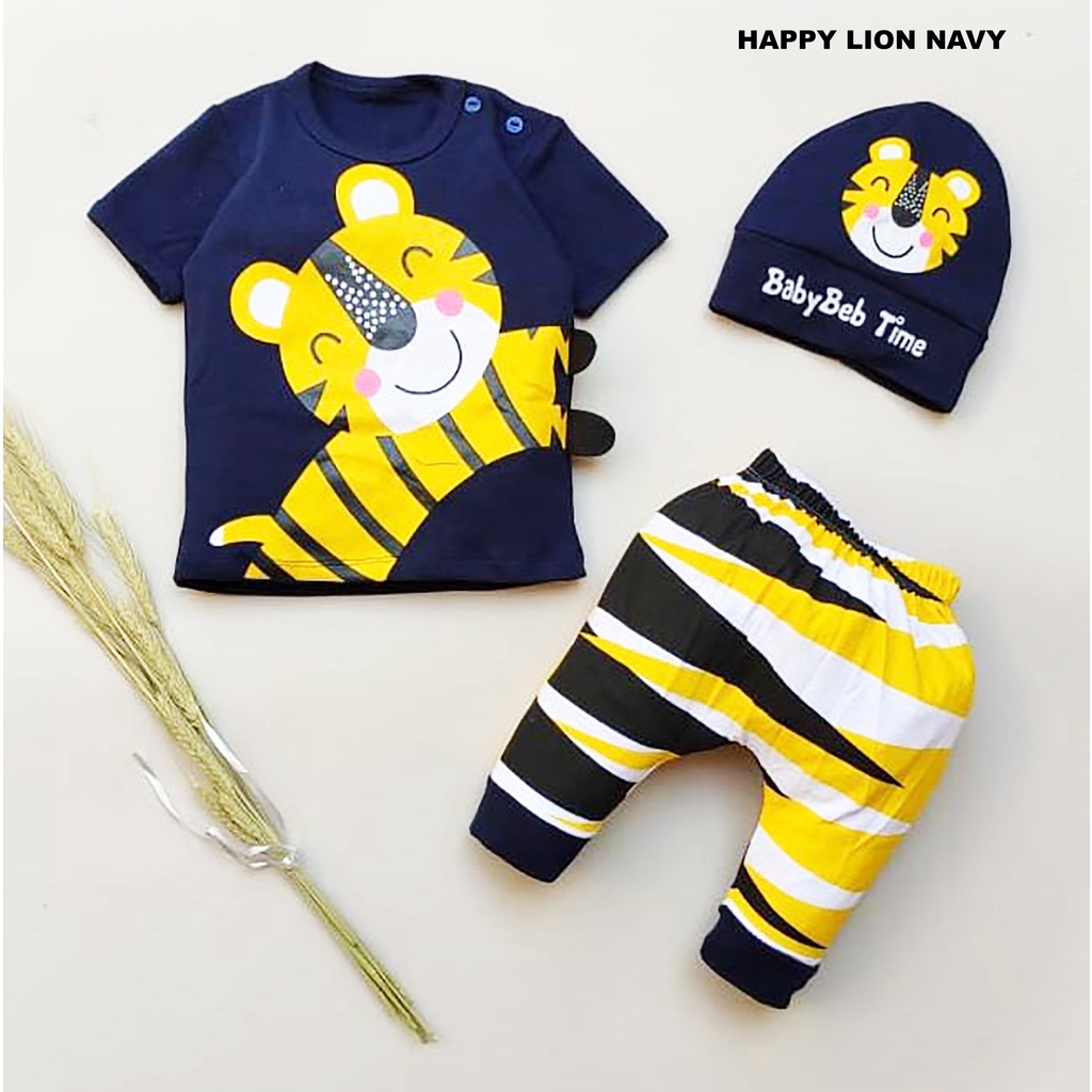 Setelan Bayi Laki-Laki atau Perempuan Free Topi Pakaian Bayi Happy Lion 1 Ukuran Estimasi 0-9 Bulan