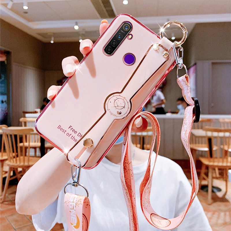 Soft Case Dengan lanyard Leher Aksen Berlian Imitasi Untuk OPPO Realme 5 Pro C3 5S 6i 5i