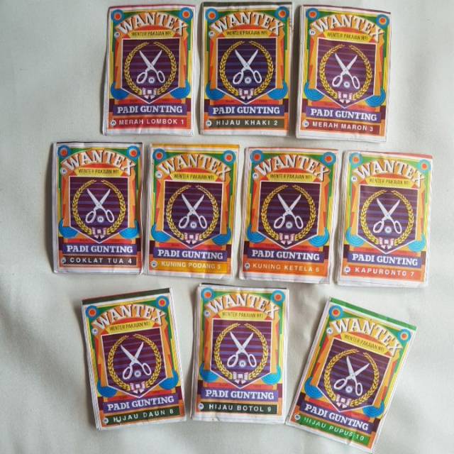 

pewarna pakaian wantex padi gunting 10 bungkus = 40.000 ( part 1 )