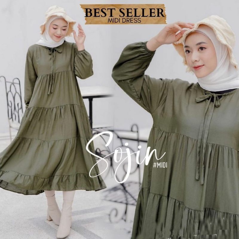 SOJIN MIDI DRESS KEKINIAN BAHAN KATUN RAYON SIZE JUMBO LD 105 FASHION WANITA MODERN