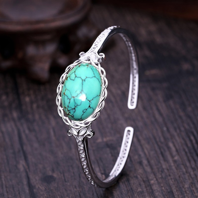 925 gelang perak murni untuk wanita pola turquoise gelang retro perhiasan fashion