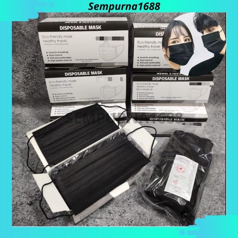 MASKER 3 PLY EARLOOP HITAM PAKAI BOX| MEDIS HITAM NON HIJAB ISI 50 pcs