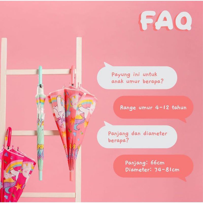 Payung Tongkat Anak Doff /  Motif Unicorn / Kuda Poni Banyak Pilihan Warna / Kokoh