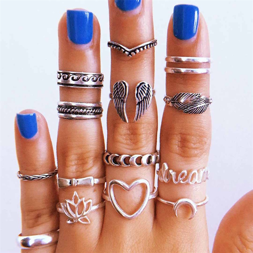 【COD Tangding】15pcs/set Bohemian Style Vintage Silver Bow Lotus Wing Leaf Feather Heart Combination Ring Fashion Accessories Jewelry