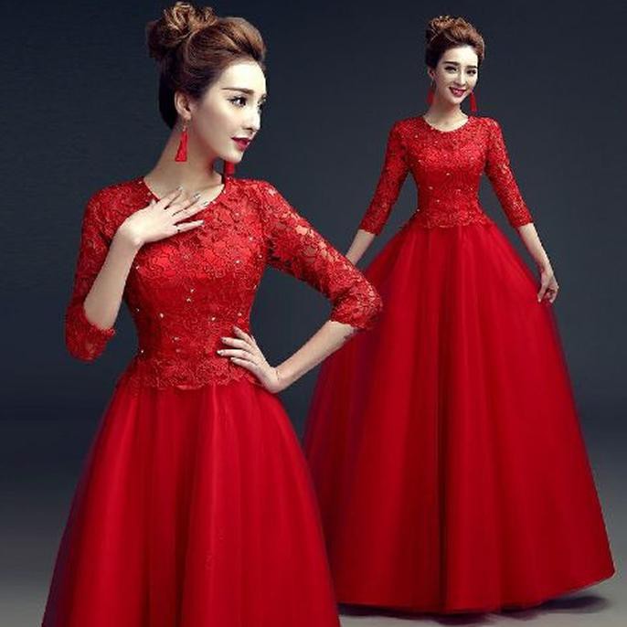 Dress LONG DRESS BRUKAT MERAH GAUN PESTA KONDANGAN / BRIDESMAID MURAH