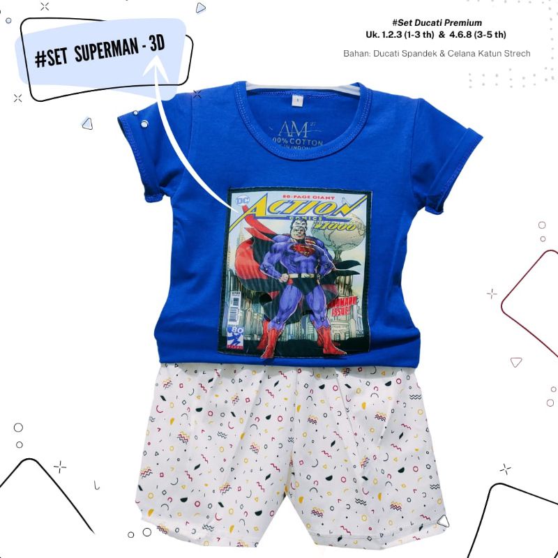 Setelan 3D anak laki-laki &quot;Superman 3D&quot; Size 1-5th bahan Ducati Katun Spandek Premium