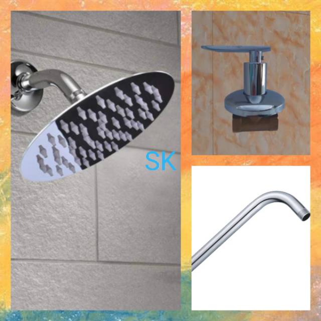 Paket Set Wall Shower Bulat Stainles 8 inch + Kran Shower Kuningan Kamar Mandi  - Stop Kran Tanam