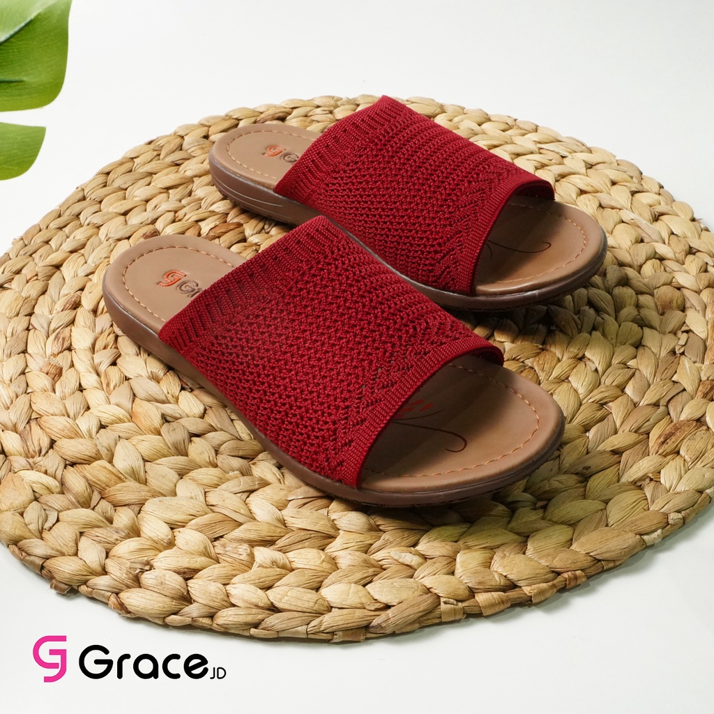 Grace(RJB 01)/Sandal Teplek Wanita Distro Selop Rajut elastis Flat/sandal slop karet rajut cewek Murah-MAROON/MERAH