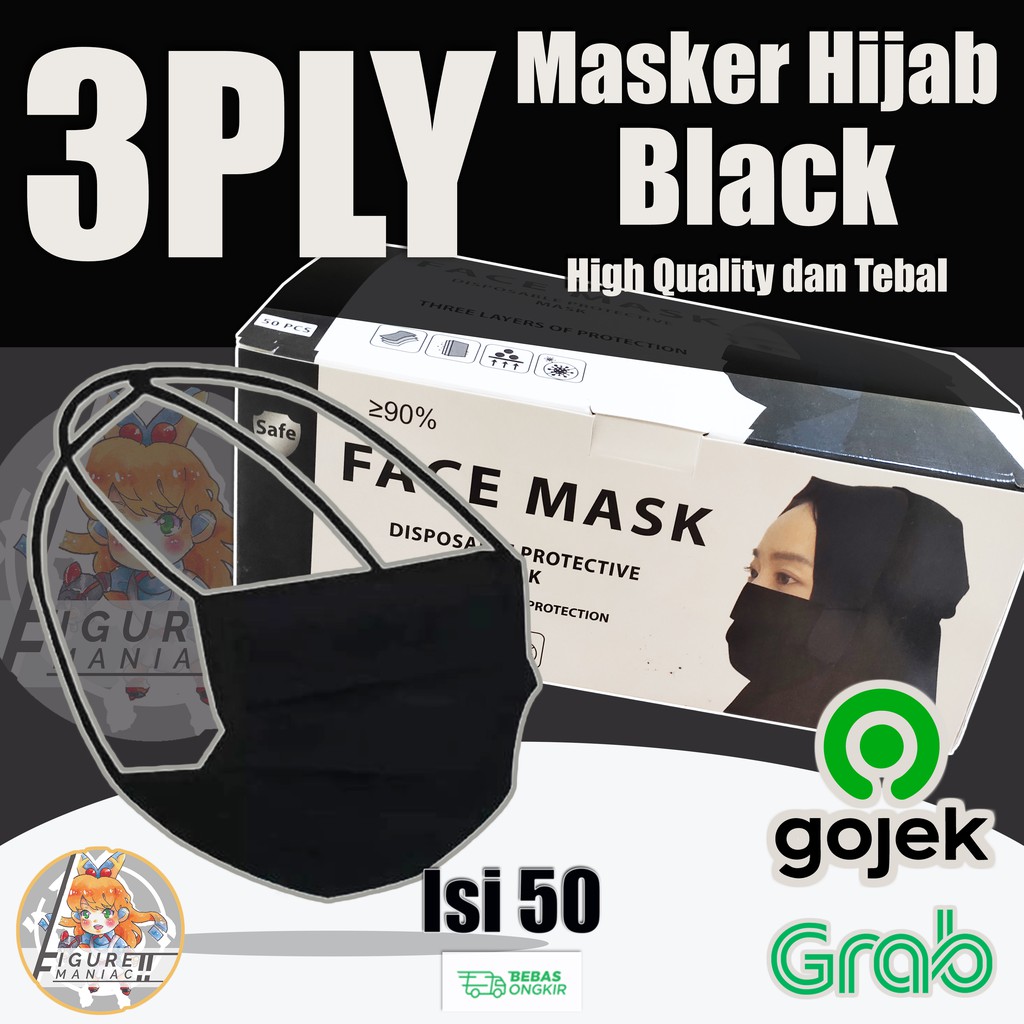 Figure Maniac - Masker Hijab Hitam 3 PLY isi 50 pcs Murah High Quality Headloop Black