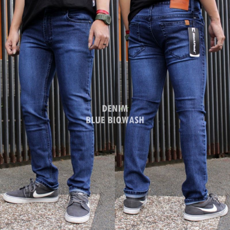 Celana jeans pria Slim fit original blue wash