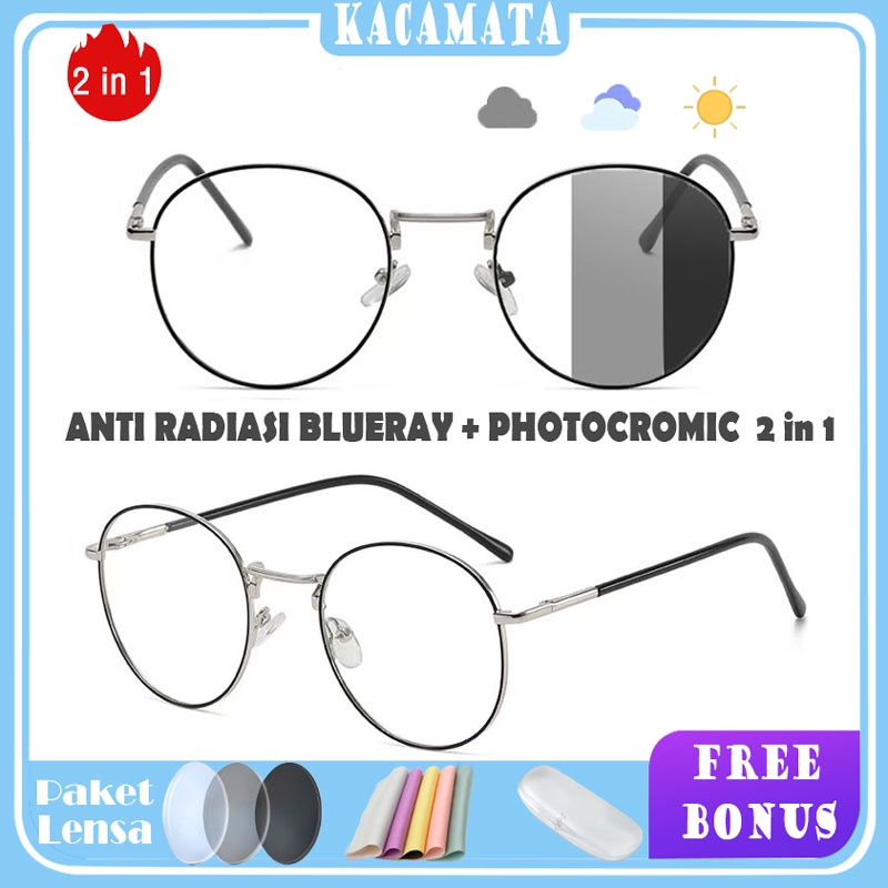 Kacamata Korea Bulat PHOTOCROMIC ANTI RADIASI BLUERAY 2in1 Fashion Kekinian pria dan wanita 9018-BLACK SILVER