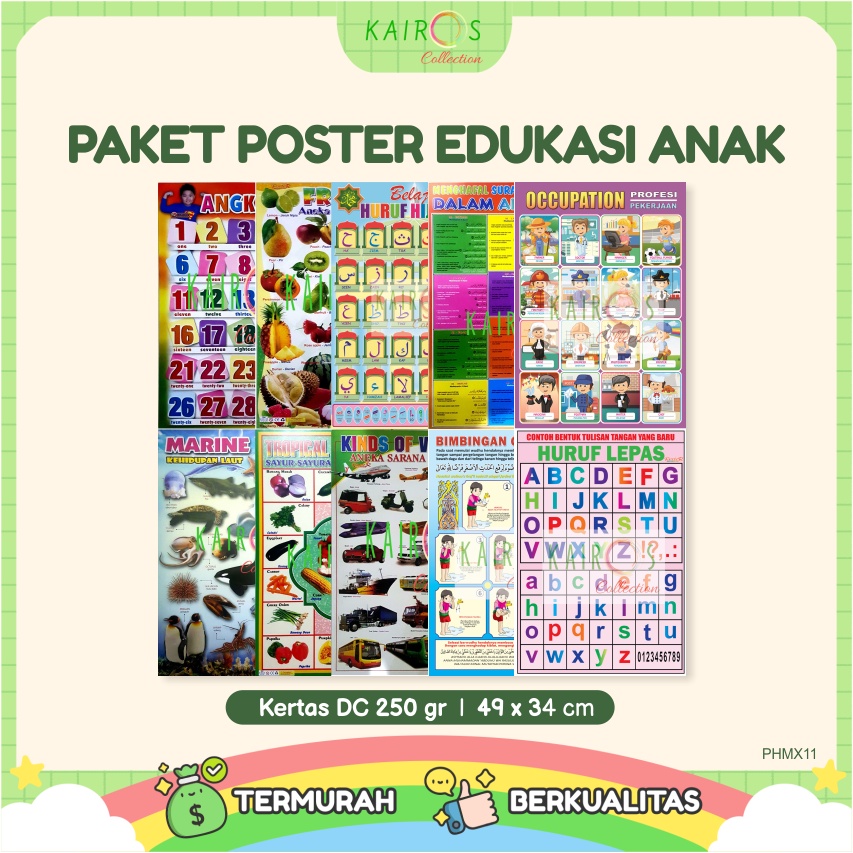 Paket 10 Pcs Poster Edukasi Anak Belajar Huruf Hijaiyah, Hewan, Buah, Transportasi, Huruf, Angka