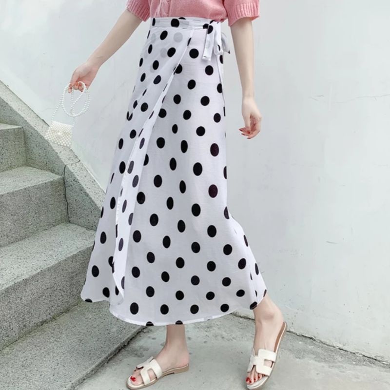 Rok Polka Pinggang Tali/Rok Wanita fashion Bahan woolpeach