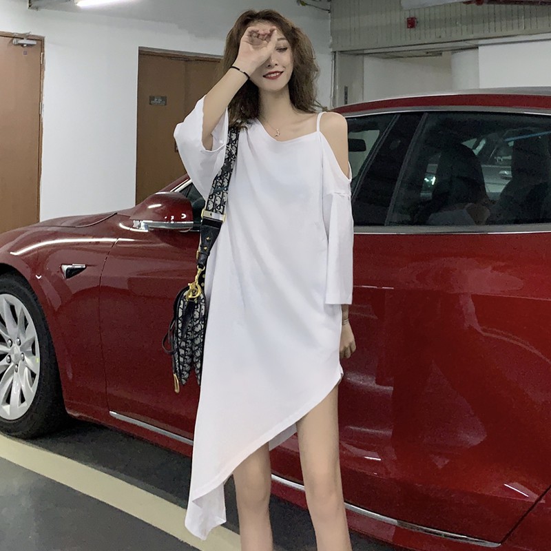 Baru Sexy Off-The-Shoulder Slip Gaun Retro Pinggang Dikendalikan Pelangsing Celah Gaun