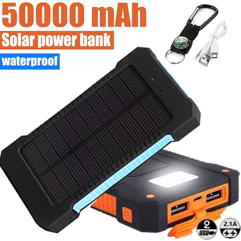 Solar 50000 mAh Powerbank Cell Tenaga Matahari Dual USB Flashlight Daya Ponsel