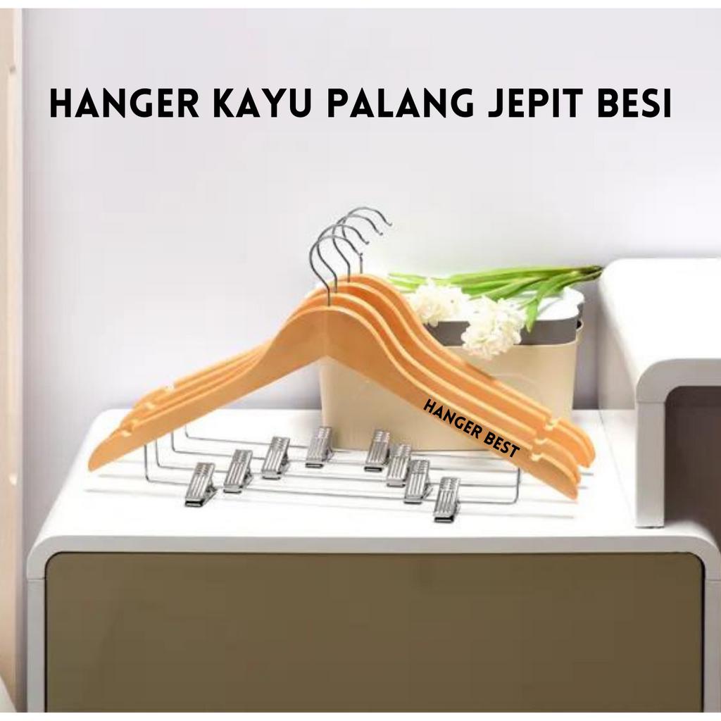 Hanger Kayu Dewasa Jepit Besi (Wood)  - Gantungan Baju Palang Jepit Besi Setelan