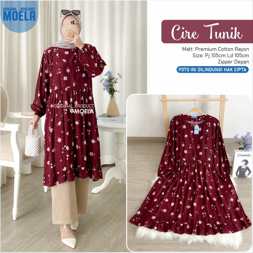 CIRE ORIGINAL MOELA TUNIK ld 105cm zipper depan BUSUI friendly premium cotton rayon MUSLIM maroon at