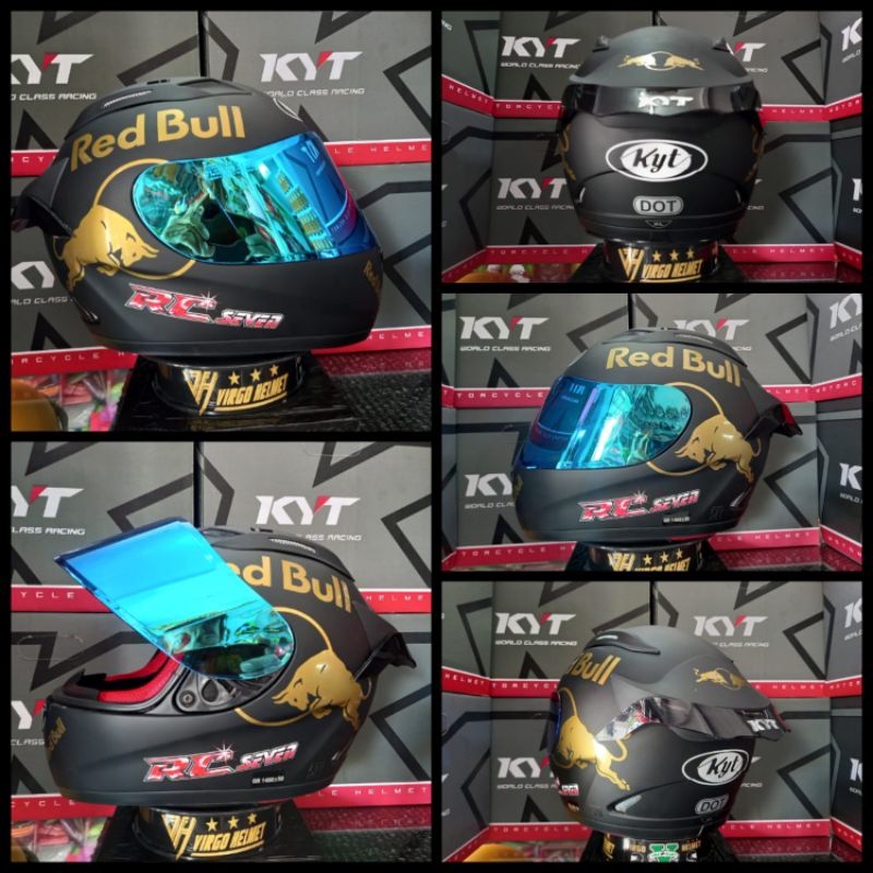 KYT Helm RC7 Solid Black Matt Red Bull+Flat Visor Futuro+Spoiler paket Komplit Termurah