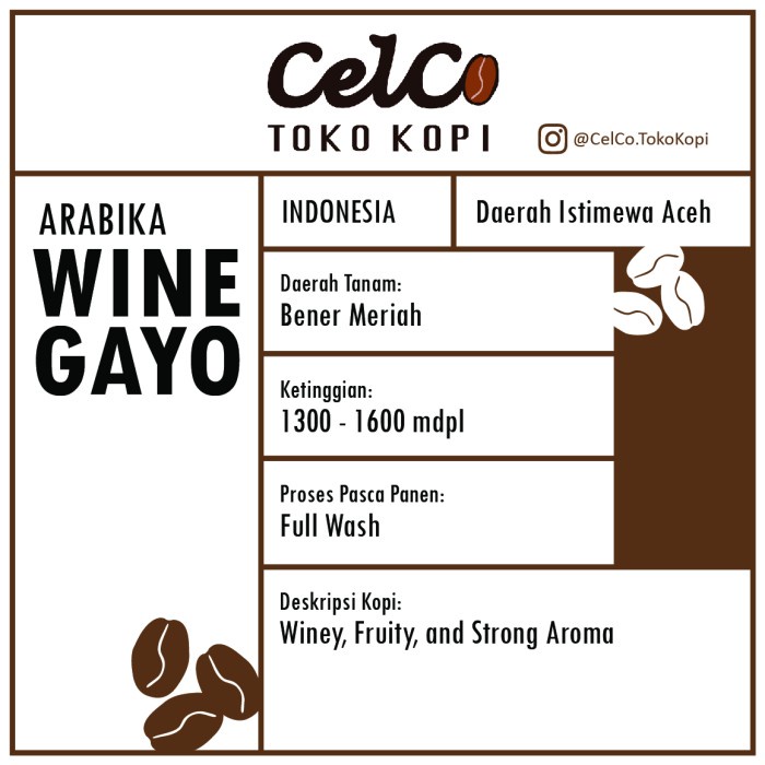 

Kopi Arabika Wine Gayo 200gr | by Celco Toko Kopi | Kopi Biji & Bubuk