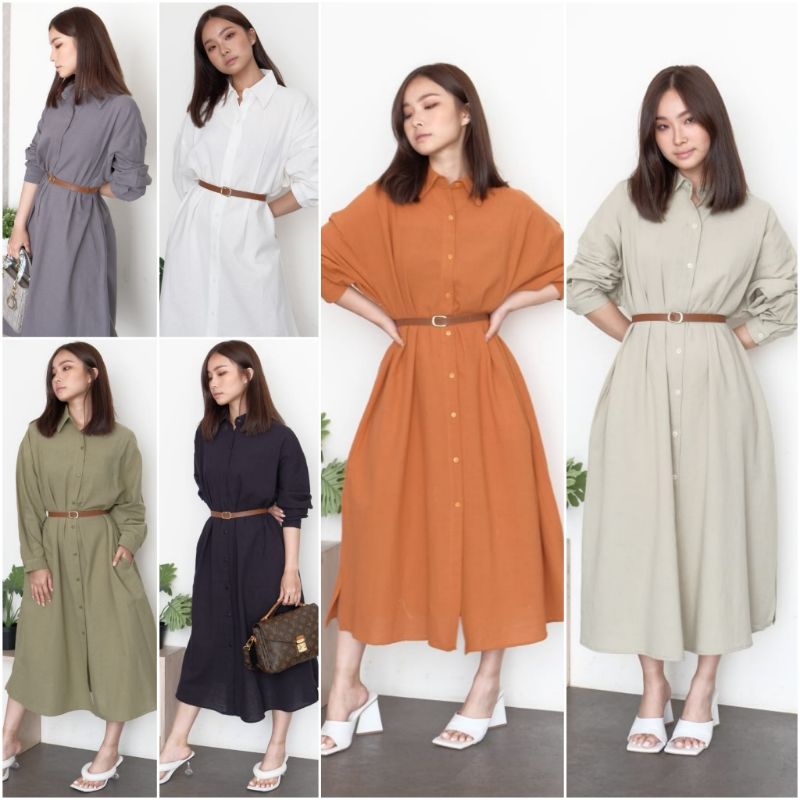 ❣️ SPECIAL PRICE ♡ PREMIUM ♡ ORIGINAL ! RACHELLY TUNIK BIG SIZE COLLAR BUTTON MIDI DRESS WITH BELT ( BUSUI BUMIL HIJAB FRIENDLY )